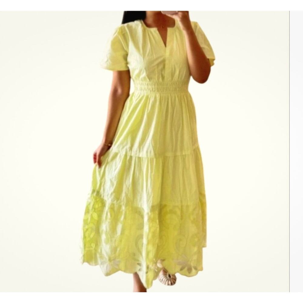 HAUTE HIPPIE Yellow Short Sleeve Somerset eyelet Embroidered Hem Maxi Dress S